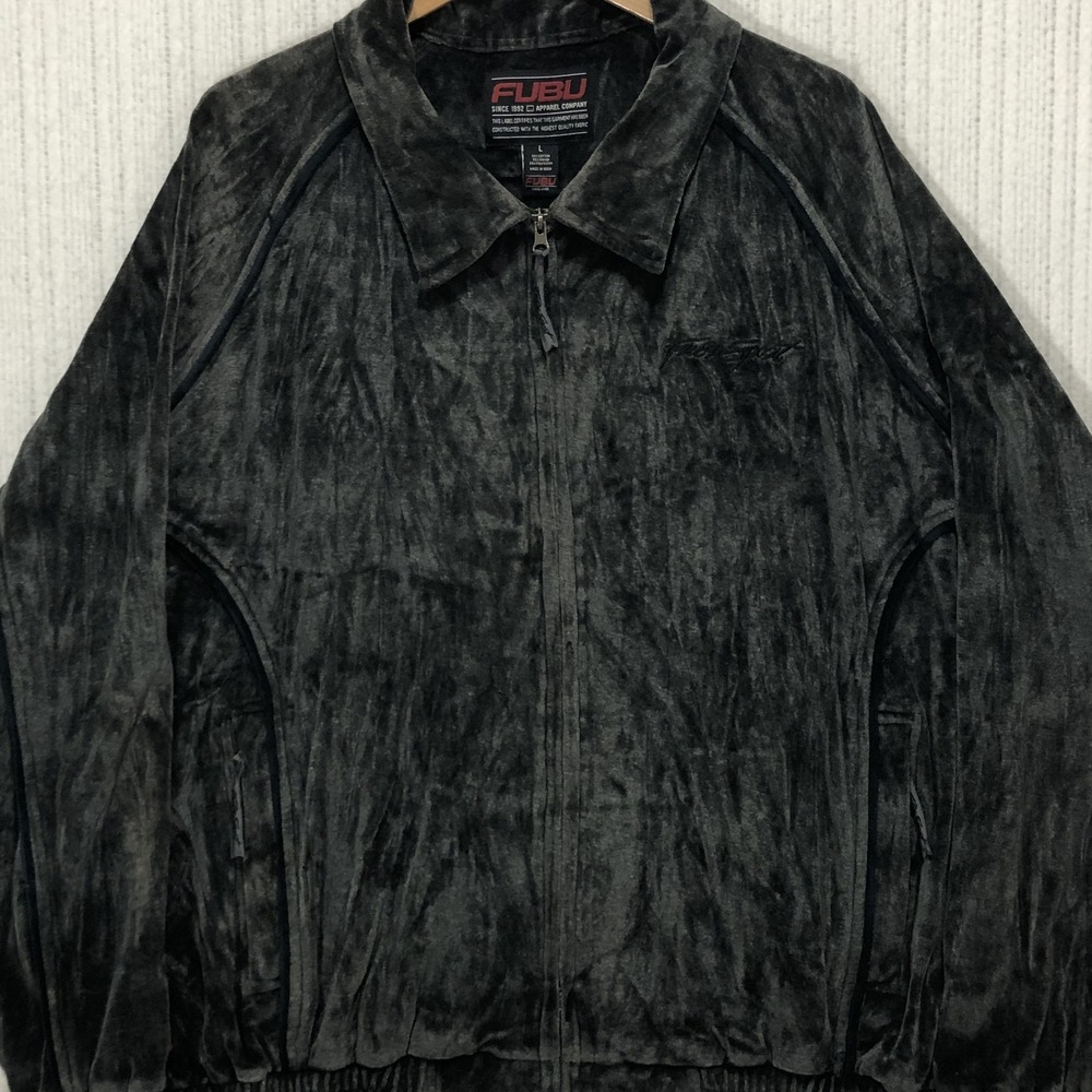 FUBU Sport Mens Velour Track Jacket Gray Crushed Velvet Full Zip Large Vintage